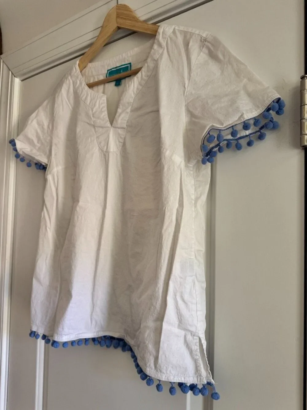 Southern Frock White Blue Pom Pom Trim 100% Cotton Top Size L - Picture 3 of 6